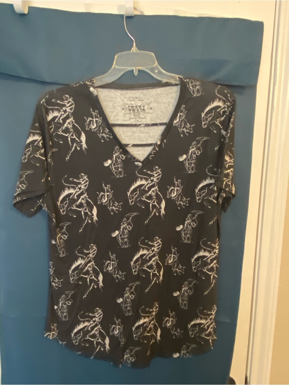 Crazy Train Black V-Neck Tee with White Rodeo Rider Print Allover